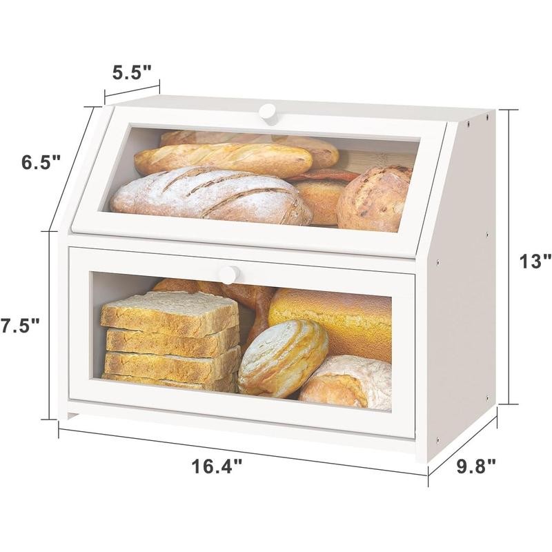 White Large Bread Box for Kitchen Counter, Double Layer Wooden