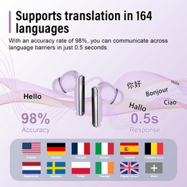 SKIUDCT Ai Translation Earbuds Real Time, 3-in-1 Buletooth 5.3 Translator Earbuds with 5 Translation Modes/164 Languages/No Subscription Required, Headphones Translator Purple