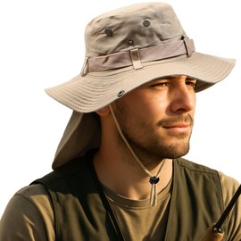 Men Women UPF 50+ Sun Protection Boonie Bucket Hat – Wide Brim Fishing Hat with Neck Flap (US, Alpha, One Size, Camel)