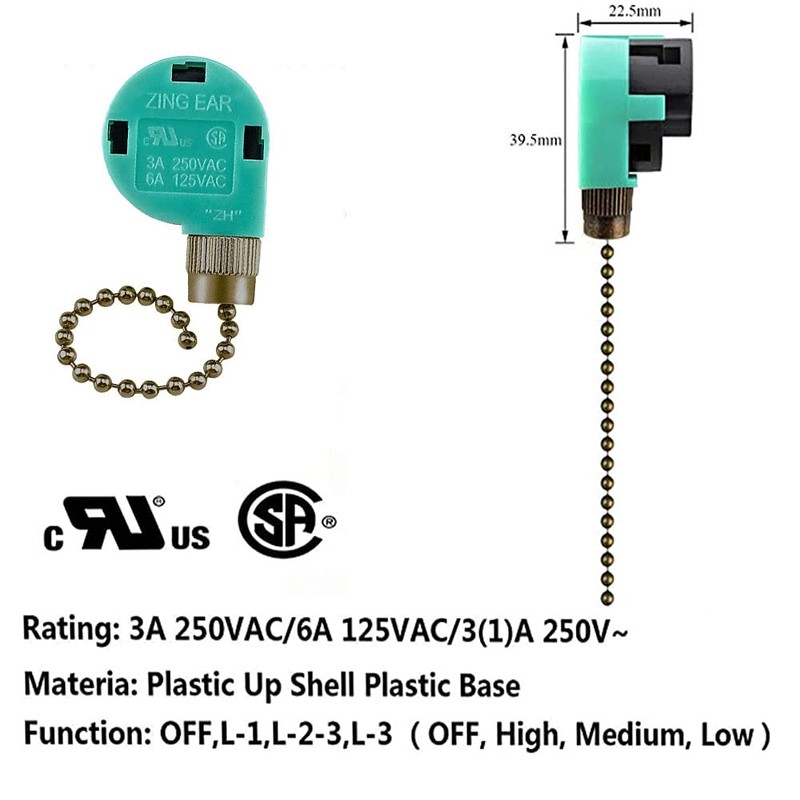 3 Speed Ceiling Fan Switch Zing Ear, Pull Chain Cord