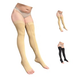 Ziperior Thigh High 20-30 mmHg Compression Wide Calf Inside Leg Zipper Open Toe (Nude, 5X-Large)