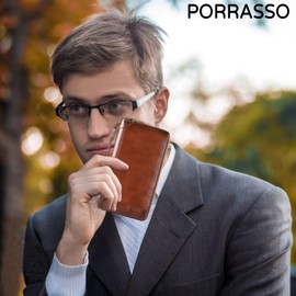 PORRASSO Card Bag Cowhide Wallet Men Coin Purse RFID Blocking Card Case Portable Card Holder Coin Bag Pouch with 12/20/30/45 Card Slots Brown D