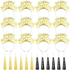 Shappy 24 Pcs 2025 New Year Party Supplies Happy New Year Headband New Year Horn Sounder Noisemakers Eve Party Decorations(Gold)