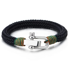 COOLSTEELANDBEYOND Large Black Brown Green Braided Cotton Rope Mens Womens Stainless Steel Nautical Screw Anchor Shackle Wrap Bracelet