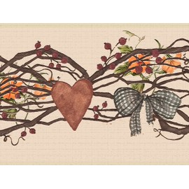 Dundee Deco DDAZBD9226 Peel and Stick Wallpaper Border - Abstract Red Brown Stars Hearts Bows Wall Border Retro Design, 15 ft x 7 in (4.57m x 17.78cm), Self Adhesive