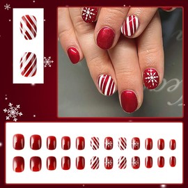 24Pcs Snowflake Press on Nails Short Square Fake Nails Red Full Cover Winter Acrylic Nails Christmas False Nails Red White Line Stick on Nails Short Artificial Nails for Women Christmas Nails