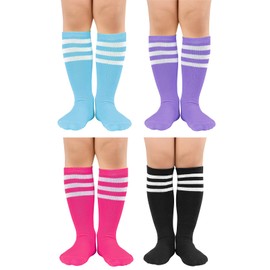 American Trends Toddler Soccer Socks 4 Pairs Kids Toddler Soccer Socks Softball Football Socks for Boys Girls Sport Knee High Socks Lake Blue & Purple & Peach & Black L