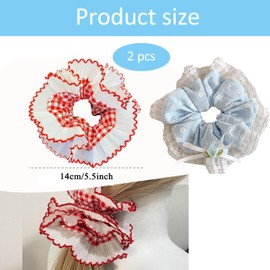 2 Pcs Giant Scrunchie, Lace Scrunchie, Red White Gingham Laces Hair Scrunchies, Oversize Hairs Scrunchy With Frilly, Stylish Lace Hair Accessories, for Women and Girls (Red, Blue)