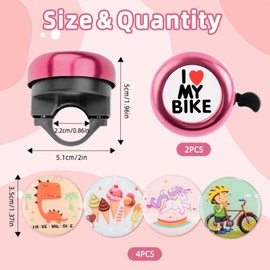 2 Pieces Pink Bike Bell Kids Adult, Bicycle Bell with Cartoon Stickers, Loud Kids Bike Bell, Cute Bike Accessories Kids for Scooter Tricycle Balance Bicycle Racing Bicycle MTB
