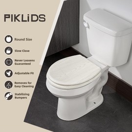 Toilet Seat, Slow Close, Premium Moulded Wood, Quick Release, White Ash Grain Look, PIKLiDS, Laminated Woodgrain Finish (Round)