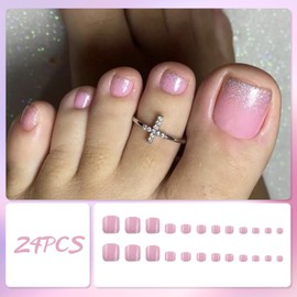 24Pcs Baby Pink French Tips Press on Toe Nails, Short Square Summer Fake Toenails in 12 Sizes, Cute Artificial Beach False Toe Nails, Full Cover Acrylic Glue on Toenails for Women Manicure Art