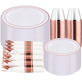 WELLIFE WELLIFE 350Pcs Rose Gold Plastic Plates for 50 Guests - Disposable Plates for Party, Includes 100 Rose Gold Plates,150 Silverware,50 Napkins,50 Cups for Party,Plastic Dinnerware Set