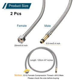 sourcing map 2Pcs 47" Faucet Supply Lines Connector Stainless Steel Braided Long Faucet Connector G1/2 Female Compression Thread x M10 Male Connector for Kitchen Sink Bathroom (Silver)