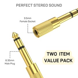 Headphone Adapter 3.5mm to 6.35mm to 1/8 inch to 1/4 inch Premium Gold Plated Stereo Headphones Jack Adaptor Headphone Converter, Long Life Aux Jack Audio Plug 3.5mm Female, 6.35mm Male. PACK OF 2