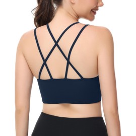 Attifall B/C Cup Criss Cross Longline Sports Bras Light Support Strappy Yoga Running Workout Bra(2410709 Navy Blue/XS)