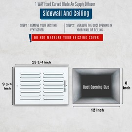 Fits 12x8 Duct Opening 1 Way Fixed Curved Blade Air Supply Diffuser by Handua | Register Vent Cover Grille for Sidewall and Ceiling | White | Outer Dimensions: 13.75" X 9.75"