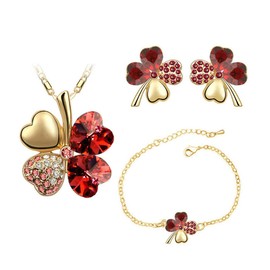 Auriselle Women's Jewellery Set Lucky Four Leaf Clover Rhinestone Earrings Necklace Bracelet 3 Pieces Women Jewellery with Cubic Zirconia Wedding Gifts for Ladies, Alloy Steel, No Gemstone