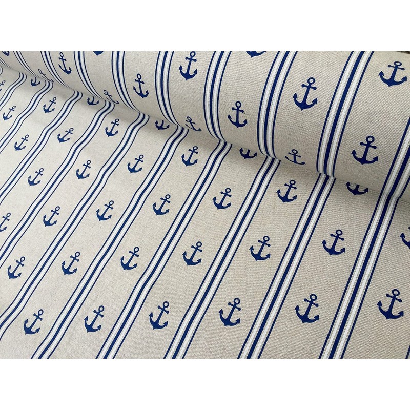 Marine Anchor Stripe Print Fabric - Curtain Upholstery Material -