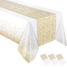 PHOGARY 3 Pack White & Gold Dot Disposable Plastic Tablecloths - 137x274cm Rectangular Waterproof Covers for Parties Weddings Birthdays Baby Showers & Celebrations