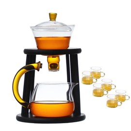 Mozeo Glass Semi-automatic Tea Set Wooden Glass Tea Set Water Diversion Rotating Cover Bowl Lazy Tea Maker Teapot Kungfu Fu teacup (Wooden Yellow Handle Teapot set)