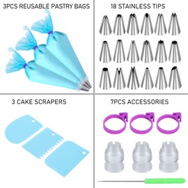 Wddeevoi Piping Bags and Nozzles Set, Cakes Decorating Kit Supplies with 3 Reusable Pastry Bags, 18 Frosting Tips, 3 Couplers, 3 Bag Ties, 3 Cake Scraper, 1 Cake Decorating Tools for Cookie Icing