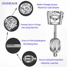 Diamond Studs Screw Back Stud Earrings Sterling Silver Diamond Earrings Fake Diamond Stud Cubic Zirconia Earrings Stud Screwback Earrings for Men CZ Studs Sterling Silver Screw Earrings 5mm