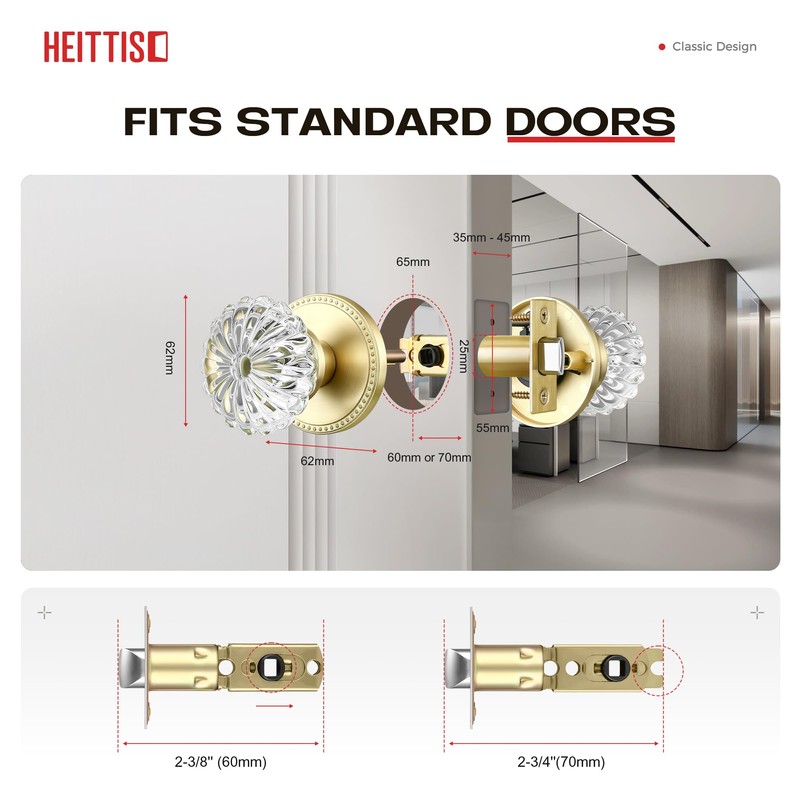 Heittis 1 Pack Passage Glass Door Knob,Passage Function Interior Door