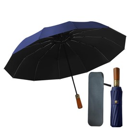 JXyuanQi 12 Ribs, Full Light Blocking, Folding Umbrella, One-Touch Automatic Open/Close, Parasol, For Both Sun and Rain, 100% UV Protection, Premium Brushed Bronze Wooden Handle, Lightweight, Compact
