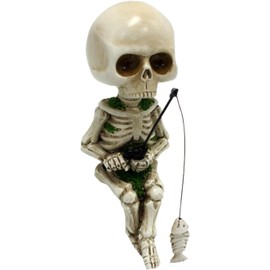 MGBISYI Miniature Skeleton Fishing Sculpture, 4.5 inch Resin Home Decor, Unique Garden Ornament (White)