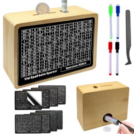 Wooden Money Box with Numbers, Reusable Money Box with Savings Goal, Euro Savings Target, Money Box with Counter, Money Box €500 €1,000 €2,000 €3,000 €5,000 Euro, Brown Money Box, No Assembly