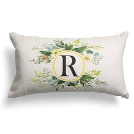 Snycler Monogram Letter R Throw Pillow Covers Floral 12x20 Inch, Greenery Spring Pillows Decorative Throw Pillows Pillowcase Summer Farmhouse Decor for Couch Sofa, Family Last Name Initial Pillow Case