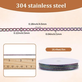 SUNNYCLUE 16.4 Feet/5M 3mm Stainless Steel Curb Chains Rainbow Color Chain Metal Twist Cable Extender Linking Roll with Plastic Spool for Jewellery Making Necklaces Bracelets DIY Crafts Accessories