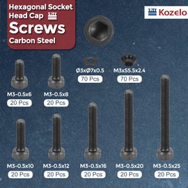 Kozelo 280pcs M3 Socket Head Cap Screws Bolts Nuts Assortment Kit - [M3x6/8/10/12/16/20/25mm] Alloy Steel Fully Threaded Black Oxide 12.9 Internal Hex Screw for 3D Printer Use