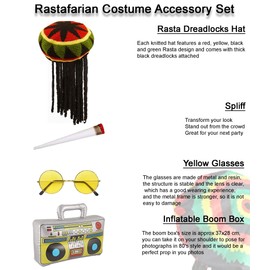 Edozos Rastafarian, Rasta Hat with Dreadlocks Wig, Yellow Tinted Round Glasses, Fake Spliff & Inflatable Boom Box ~ Jamaican Caribbean Beach Summer Party Fancy Dress Kit for Adult