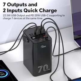 JOKO Banco de Potencia de 70.000mAh de Alta Capacidad 20W PD 3.0 Carga Rápida 22.5W Max Banco de Energía Grande, 7 Salidas 2 Entradas, Pantalla LED,  