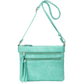 B BRENTANO Vegan Multi-Zipper Crossbody Handbag Purse with Tassel Accents, Mint Green Nn, Medium