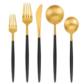 Matte Gold Silverware Set, SHARECOOK 30-Piece Stainless Steel Satin Finish Flatware Set Service for 6, Kitchen Utensil Set, Tableware Cutlery Set for Home and Restaurant, With Black Handle