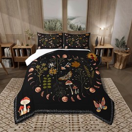 Gothic Nature Comforter Set for Kids Room Decor Butterfly Moth Flower Mushroom Rustic Garden Bedding Comforter Twin Size Star Moon Sun Boho Style Soft Polyester Quilt Set with 1 Pillowcase