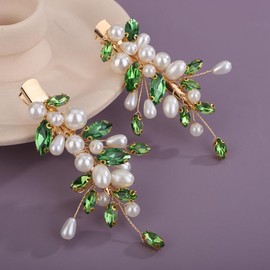 Teyglen 2Pcs Pearl Wedding Hair Clips Green Crystal Hair Barrette Rhinestone Pearl Bridal Hair Clips Pins Decorative Hair Jewelry Accessories for Women (Green)