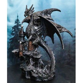 Gargantuan Stone Dragon Guarding Medieval Castle On Mountain Steppes Figurine