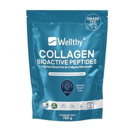 Wellthy Colageno Hidrolizado Puro 750g. Péptidos de Colágeno Bioactivos Genu-In®, 50 Porciones por Envase, 1 Solo Ingrediente, SIN Azúcar, Scoop Incluído, Bottle Free.