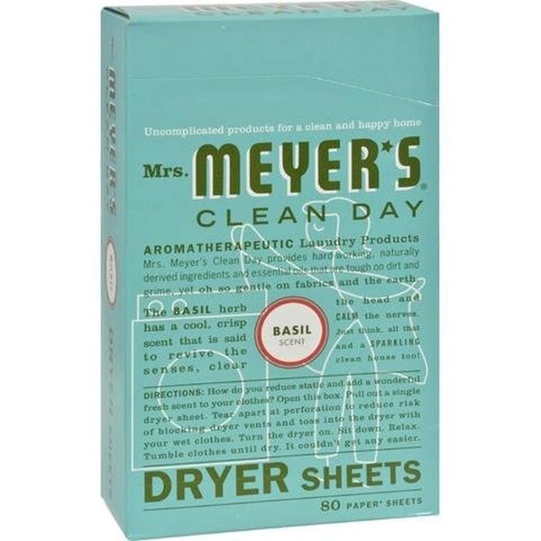 Mrs. Meyer's Clean Day Dryer Sheets, Fabric Softener, Reduces Static, Cruelty Free Formula Infused with Essential Oils, Basil Scent, 80 Count