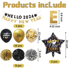 Happy New Years Eve Party Supplies Set,Black & Gold Hello 2024 Happy New Year Banner and Hanging Swirl,Balloons for 2024 Happy New Years Eve Party Decorations.