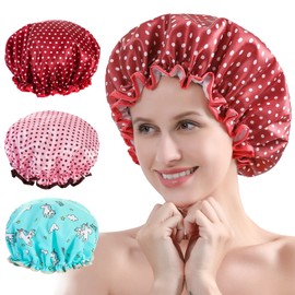 3 Packs Shower Cap, Large Shower Caps for Women Eusable Waterproof,Double Layer Waterproof Shower Cap for Long Hair (style 4)