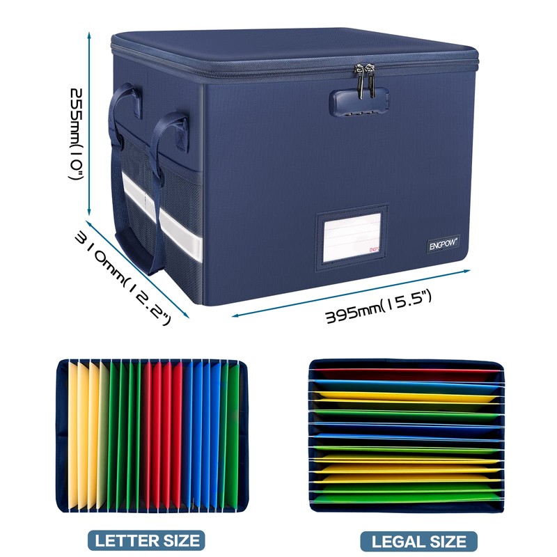 ENGPOW File Box with Lock, Fireproof Document Box with Pockets,