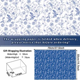 12 Sheet Blue Floral Wrapping Paper Wild Floral Art Paper Folded Flat White Blue Flower Gift Wrap Paper Bluk for Wedding Birthday DIY Crafts Gift Wrapping, 27.5 × 19.7 Inches
