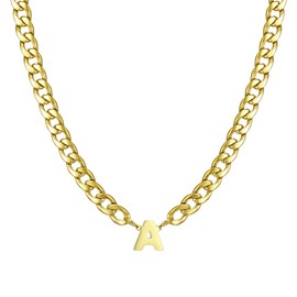 RWQIAN Initial Necklace for Men,Gold Plated Cuban Link Chain with Letter A Pendant,Stainless Steel Alphabet Jewelry Birthday Graduation Non tarnish Gifts for Men Teenage