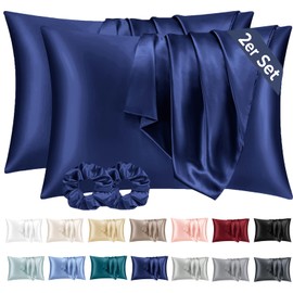 Vielit Set of 2 Satin Pillowcases, 40 x 80 cm, Dark Blue, Soft as Silk Pillowcases, Better Care Than Silk Pillowcases, for Hair and Skin, with 2 Hair Scrunchies