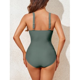 Smismivo Tummy Control Swimsuits for Women Slimming One Piece Bathing Suit Retro Ruched Push Up Vintage Padded Swimwear Olive Green Medium