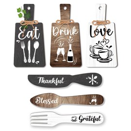 PH PandaHall 6pcs Kitchen Wall Decor Start Drink Sign Set Wood Pendant Accessories Mini Wood Plaque Fork and Spoon Shape Decorations Rustic Style Home Dector Black Brown White 11x5.5/11.8x2
